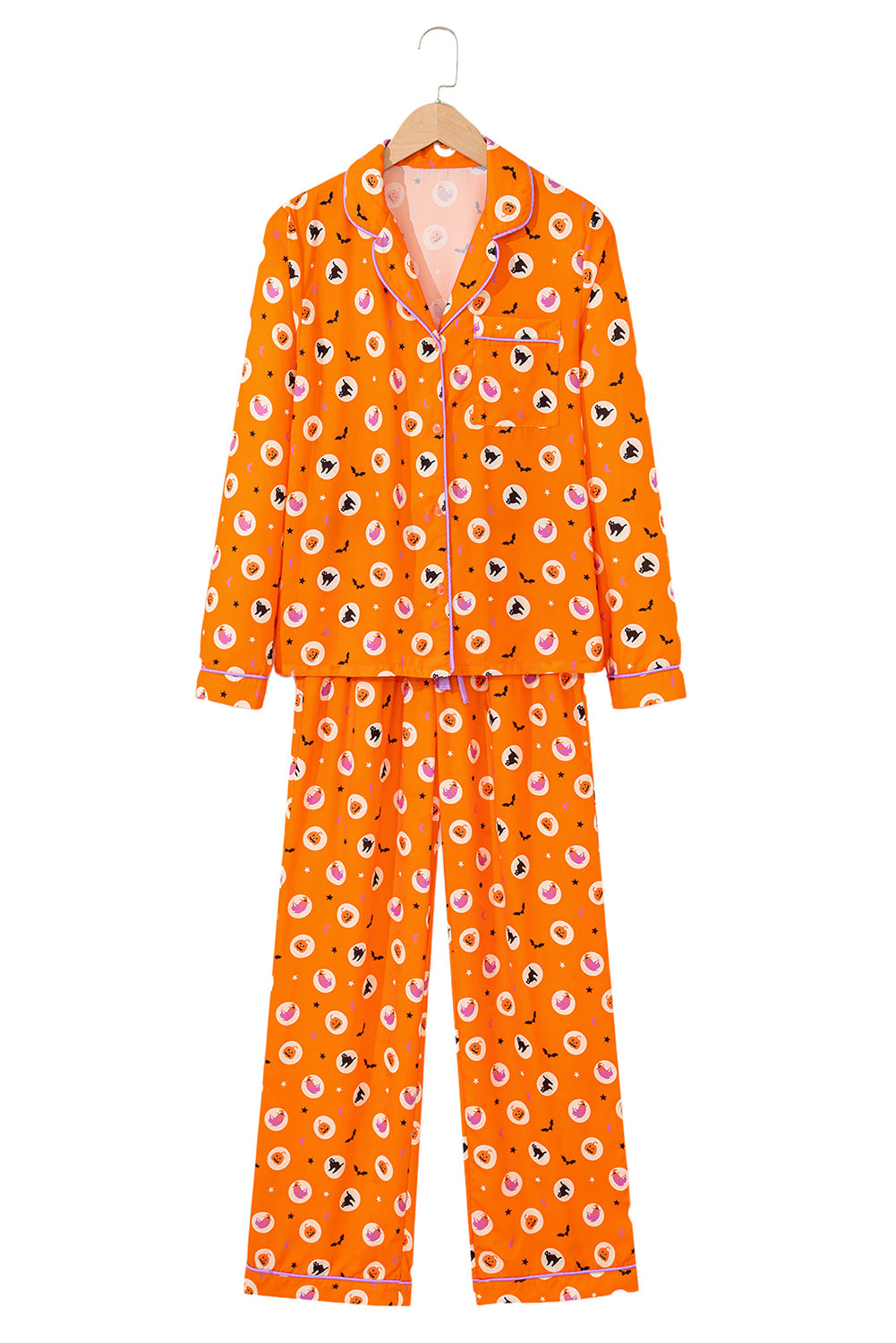 Orange Halloween Print Lapel Shirt and Pants Pajama Set