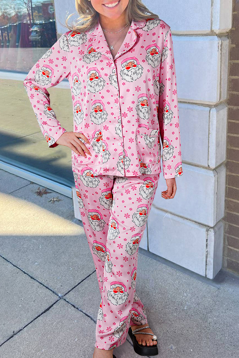 Pink Santa Claus Snowflake Long Sleeve Christmas Pajama Set