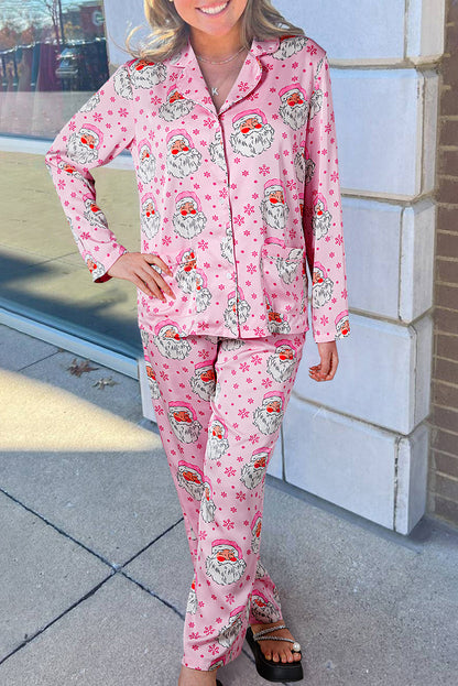 Pink Santa Claus Snowflake Long Sleeve Christmas Pajama Set