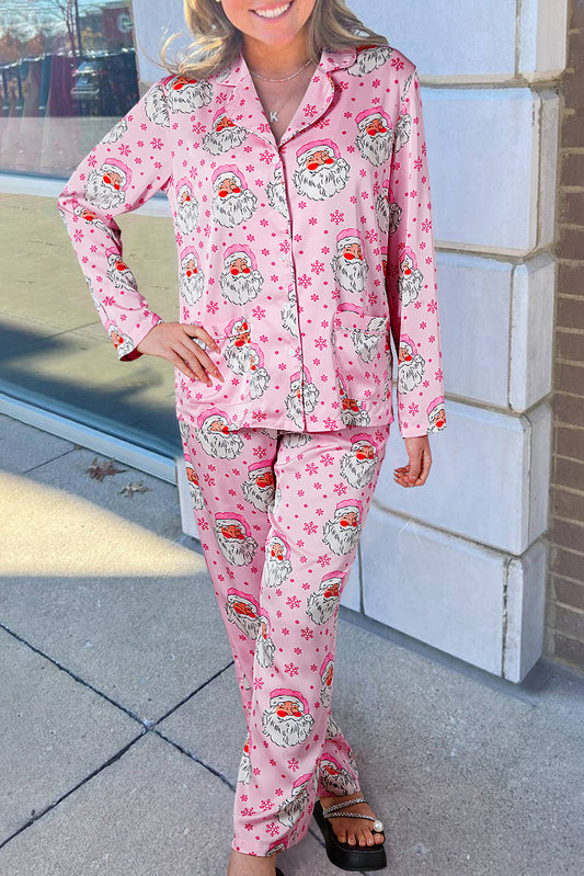 Pink Santa Claus Snowflake Long Sleeve Christmas Pajama Set