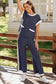 Navy Blue Color Block Pocketed T-Shirt and Wide Leg Pants Set