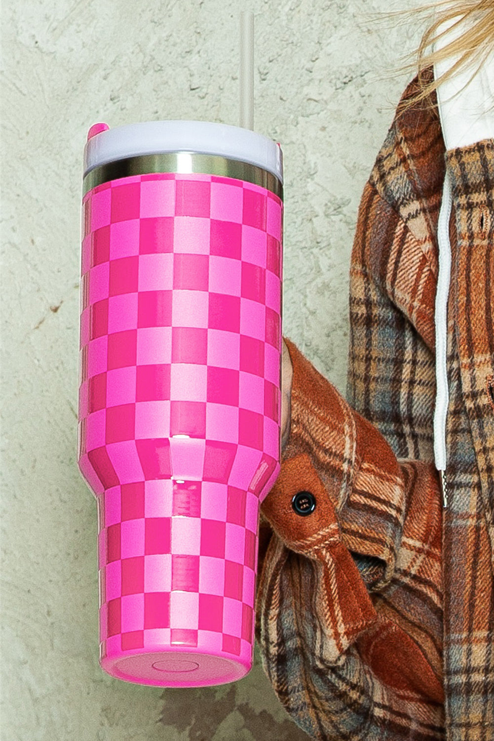 Black Checkered Print Handled Stainless Steel Tumbler Cup