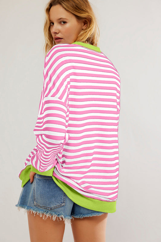 Striped Contrast Trim Drop Shoulder Sweatshirt