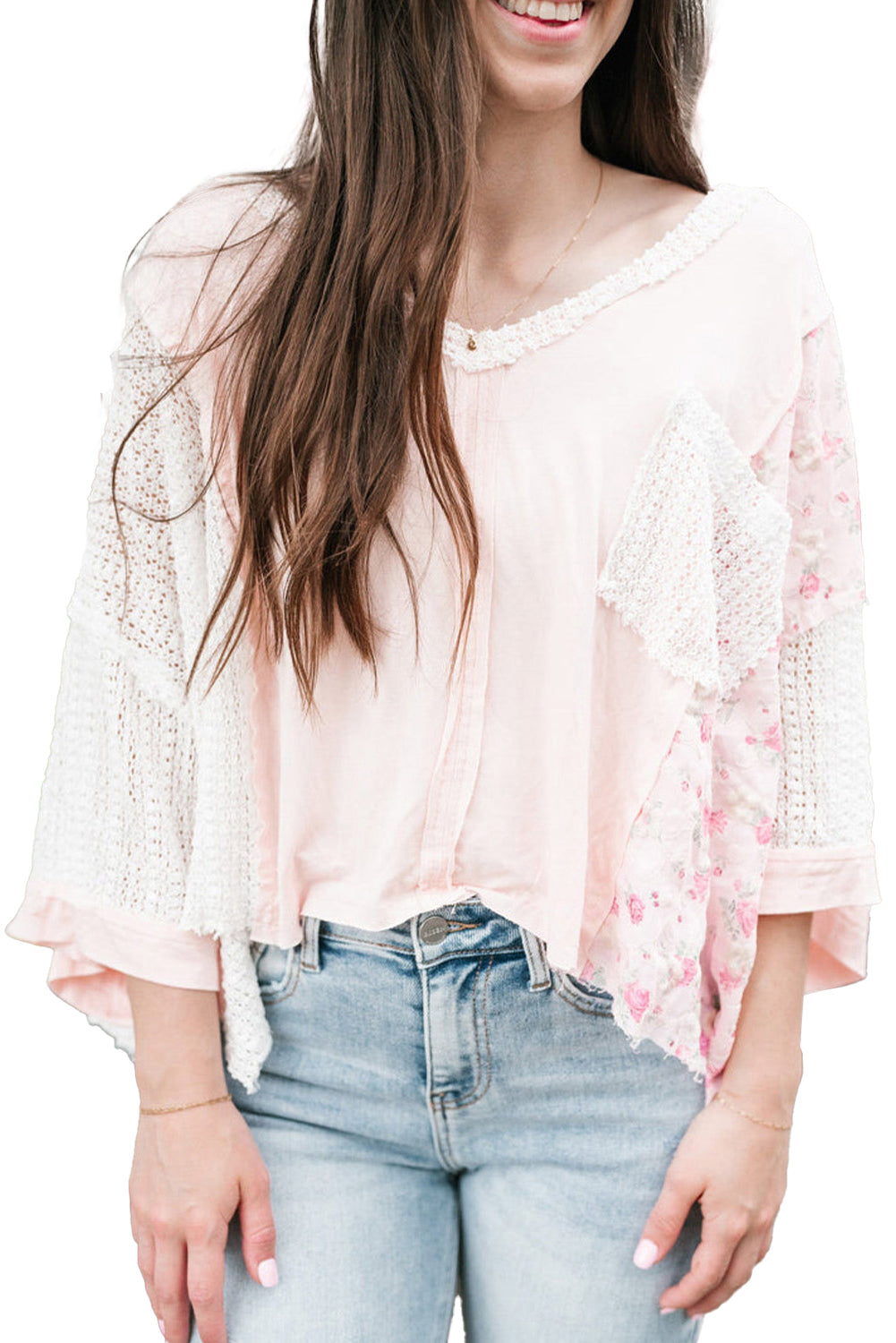 Delicacy Floral Crochet Patchwork Batwing Sleeve Blouse