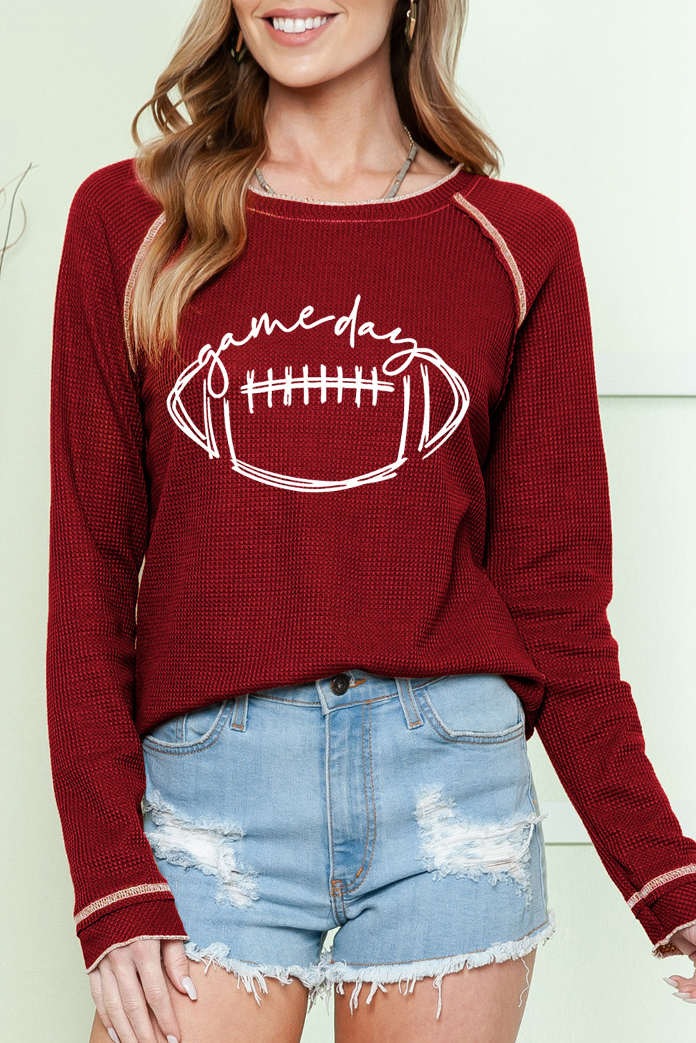 Red Waffle Rugby Graphic Contrast Hem Sweatshirt