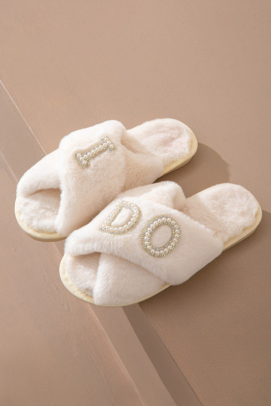 "I Do" Pearl Cross Band Fuzzy Slippers