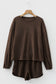 Dark Brown Solid Color Textured Knit Drop Shoulder Pullover Drawstring Shorts Set
