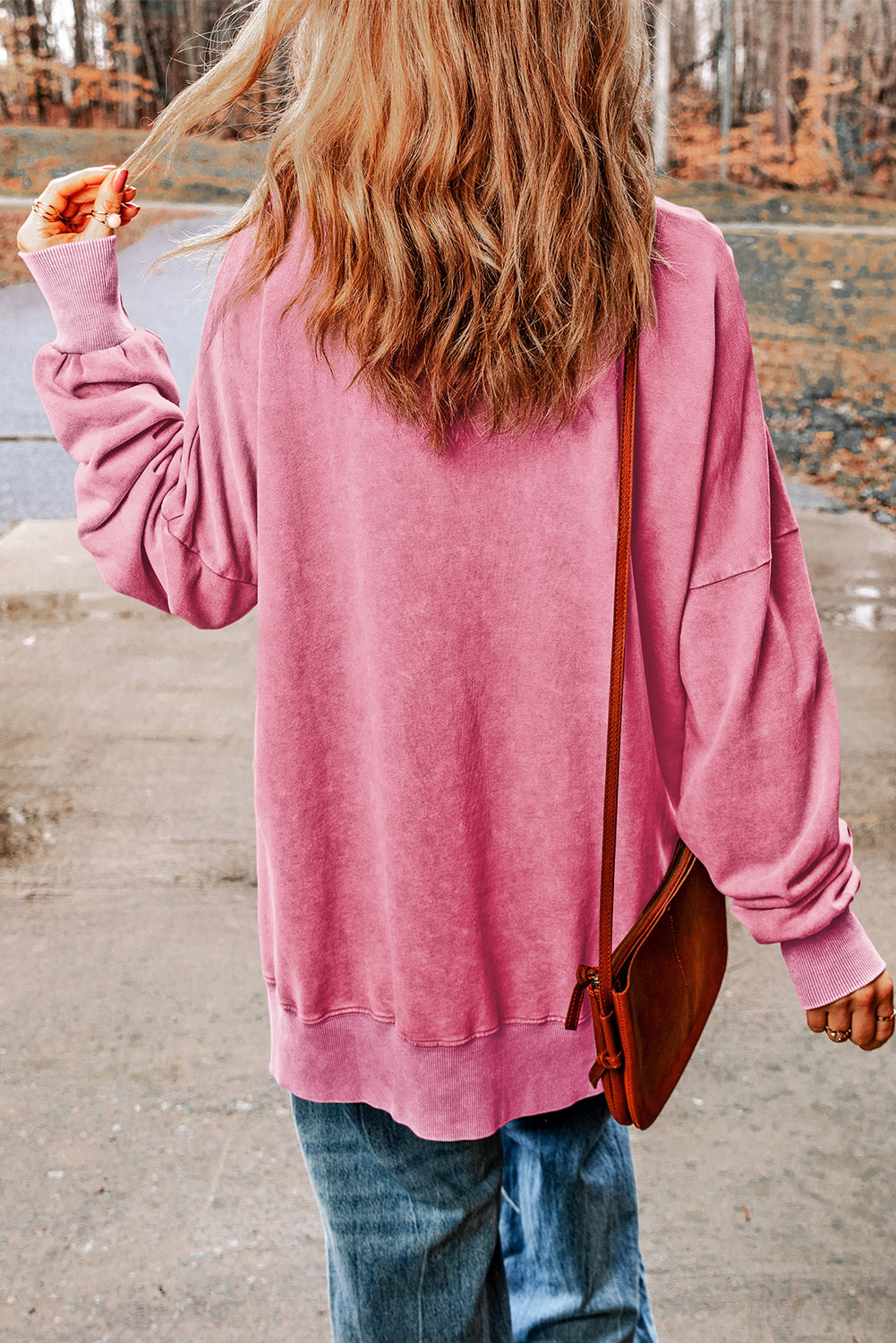 Pink Plain Drop Shoulder Ribbed Trim Oversized Sweatshirt