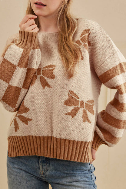 Striped Checkered Sleeves Bow Print Knit Sweater