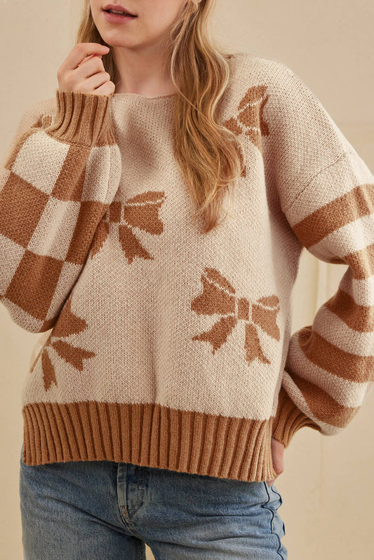 Striped Checkered Sleeves Bow Print Knit Sweater