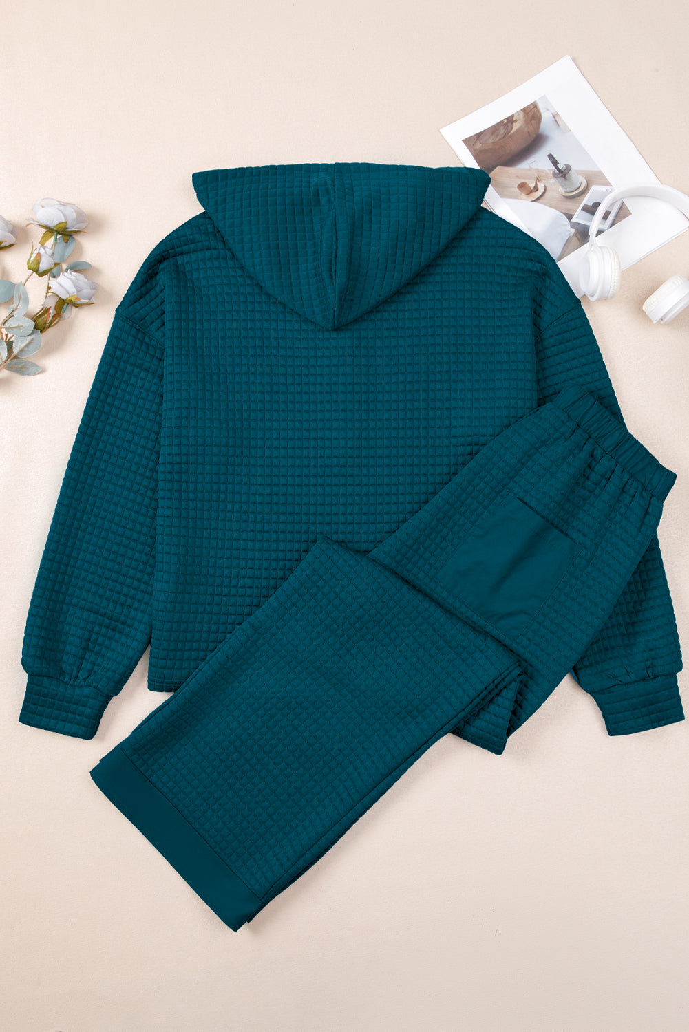 Checkered Texture Hooded Top and Loose Pants Set