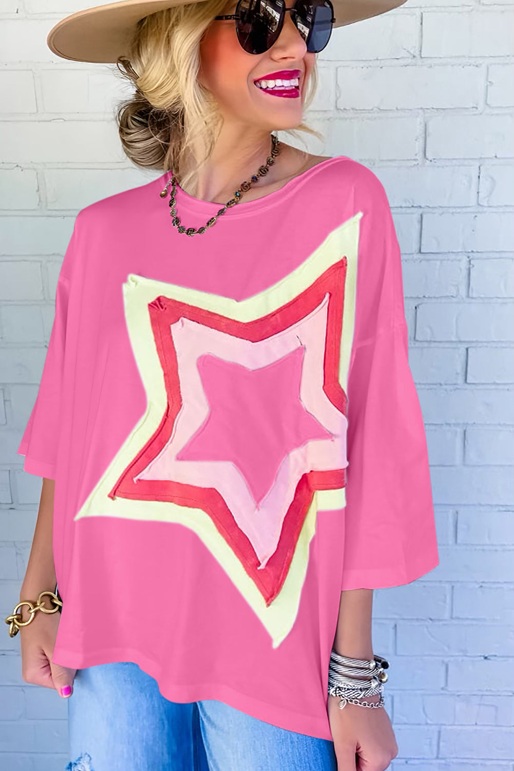 Moonlight Jade Colorblock Star Patched Half Sleeve Oversized Tee