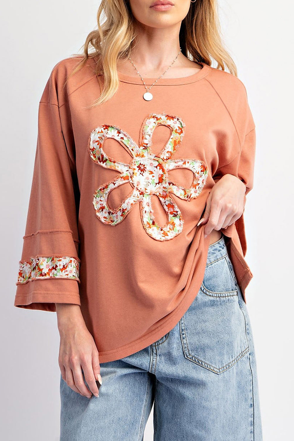 Grapefruit Orange Flower Exposed Seam Patchwork Loose Top