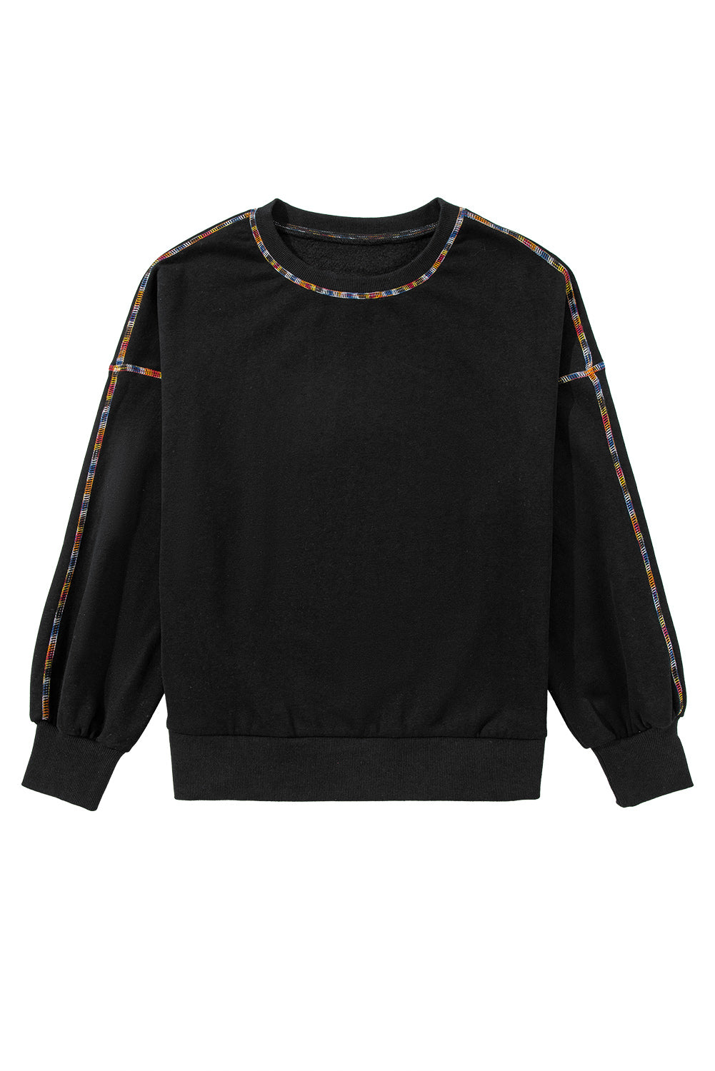 Black Contrast Rainbow Trim Drop Shoulder Pullover Sweatshirt