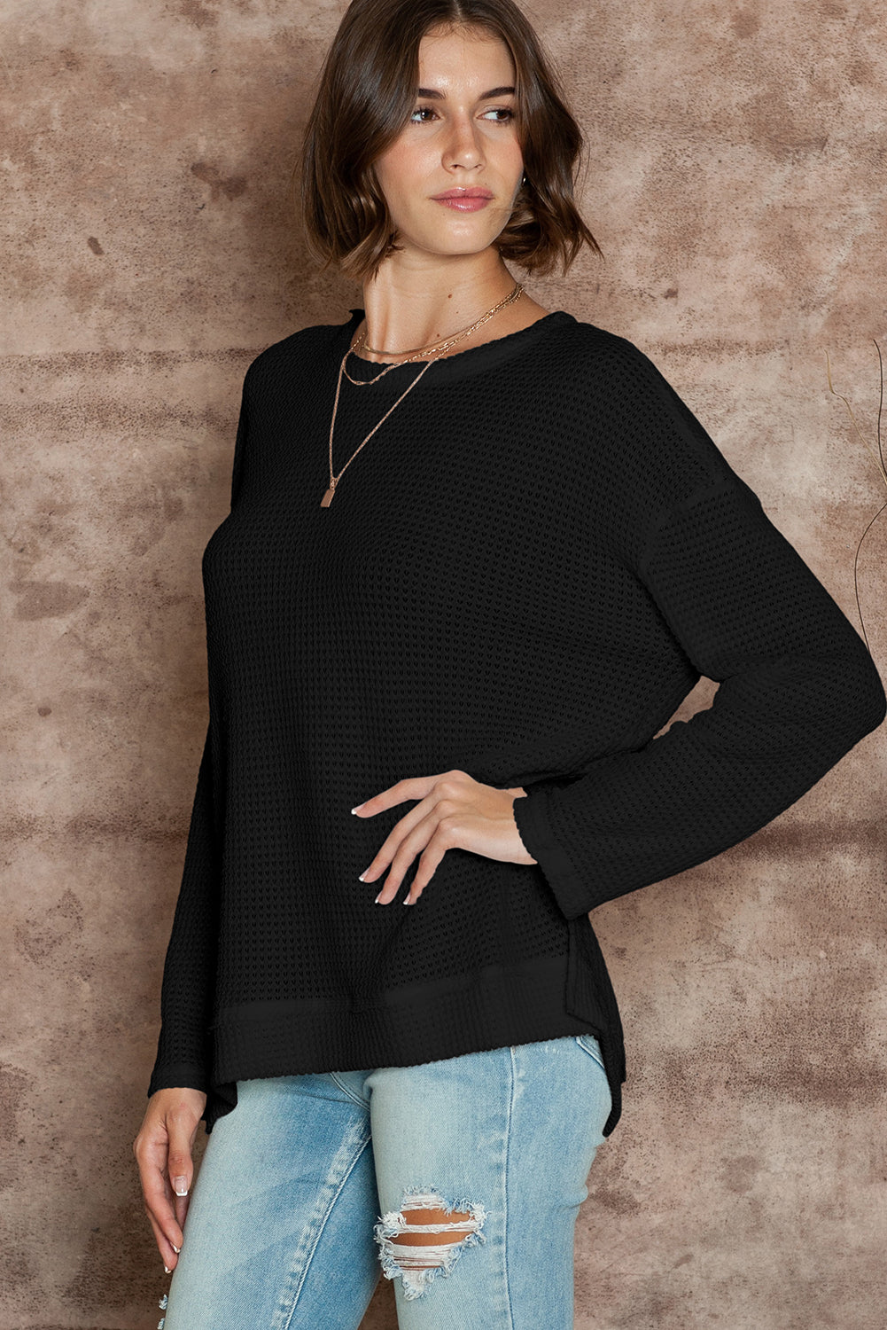 Black Plain Waffle Knit Drop Sleeve Side Slits Oversized Top