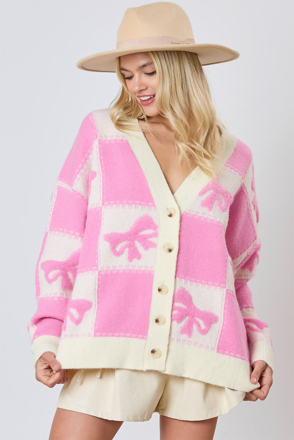 Pink Bowknot and Checkered Drop Shoulder Cardigan