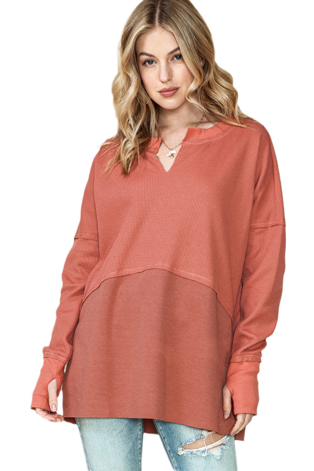 Mineral Red Waffle Knit Patchwork Exposed Seam Long Sleeve Top