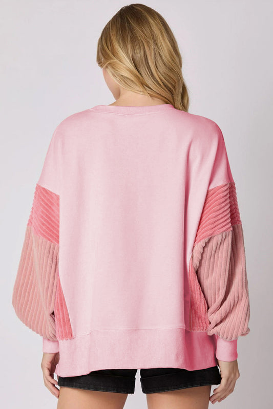 Light Pink Sequin Nutcracker Textured Sleeve Patchwork Sweatshirt