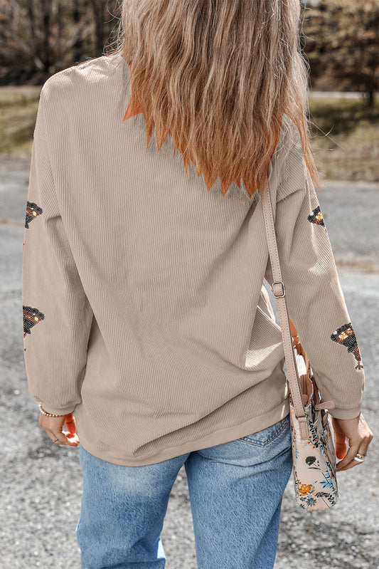 Twisted Ribbed Turkey Graphic Sequins Patch Thanksgiving Baggy Sweatshirt