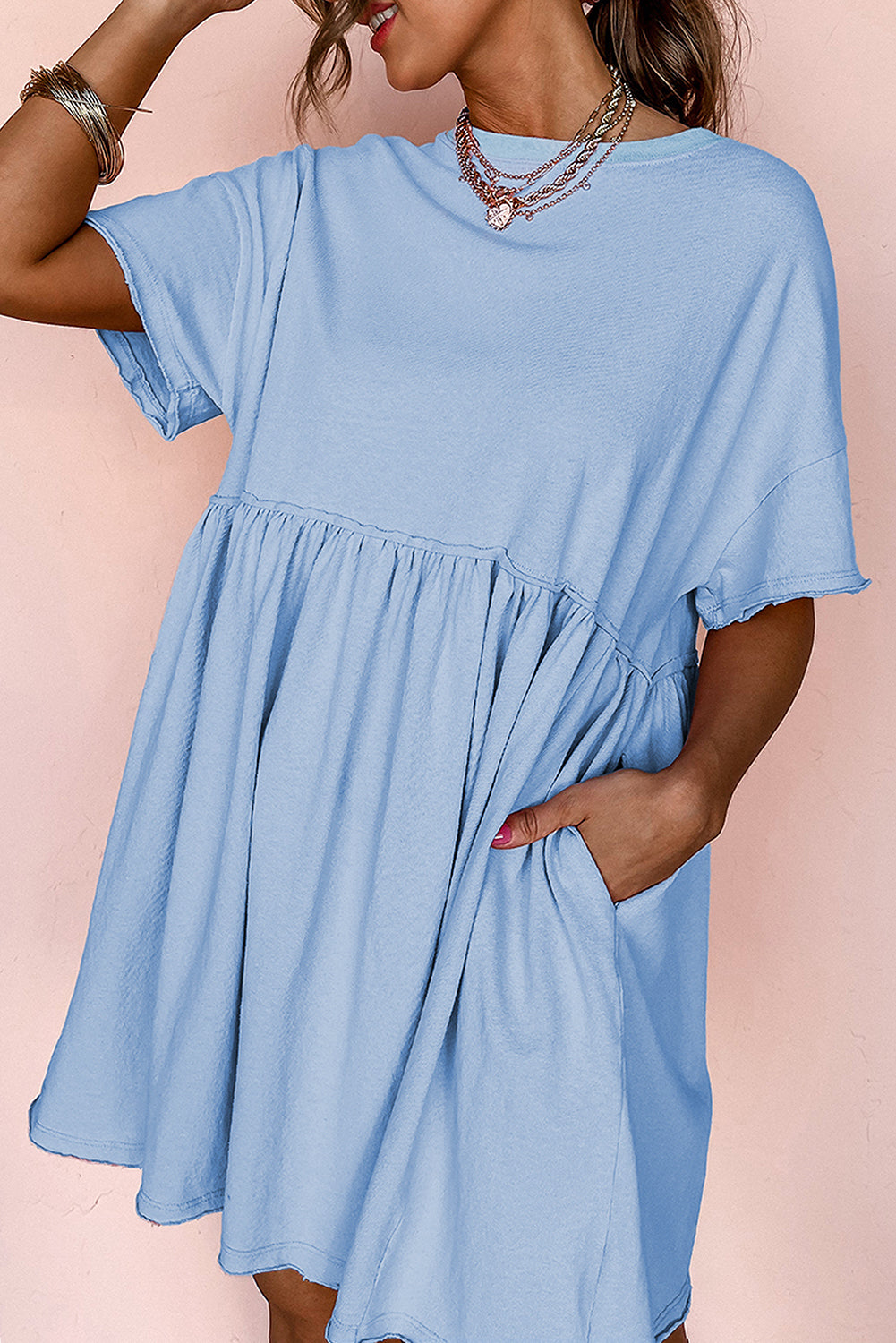 Raw Edge Pocketed Babydoll T-Shirt Dress – Blue