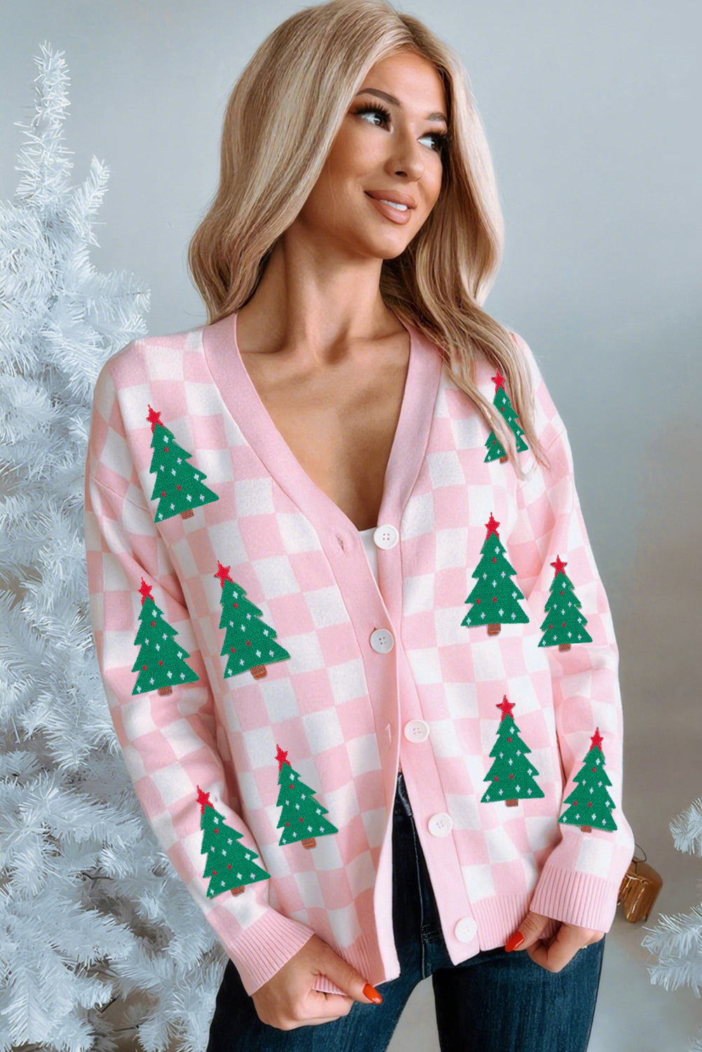 Pink Checkered Christmas Tree Pattern Button V-Neck Knit Cardigan