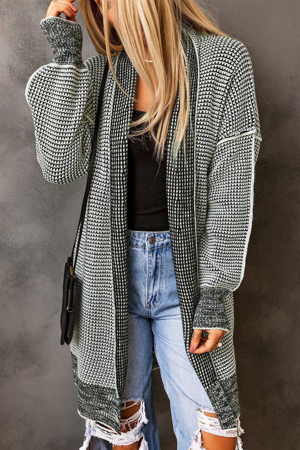 Rose Plaid Contrast Trim Casual Knit Long Cardigan