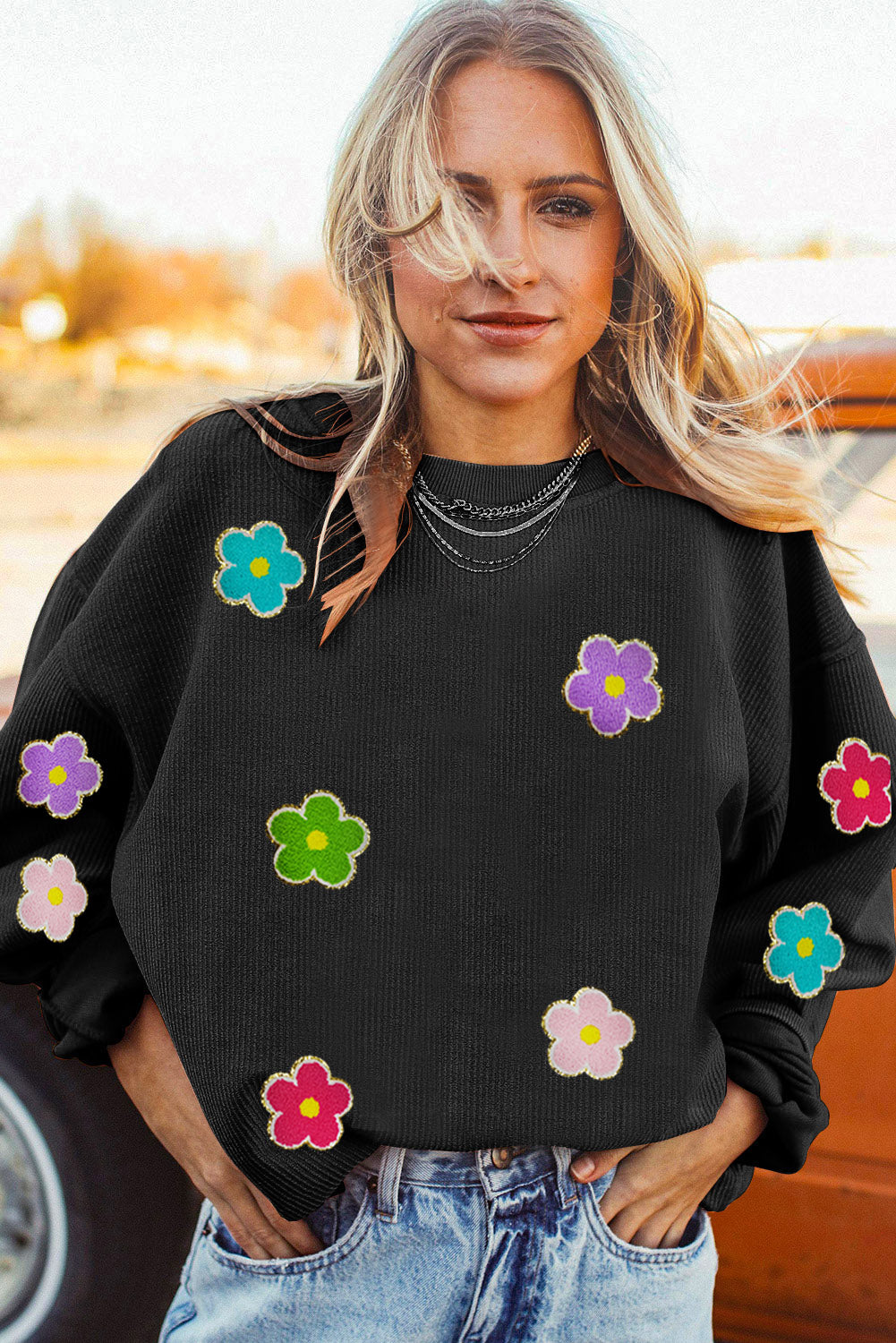 Black Flower Chenille Glitter Embroidered Ribbed Sweatshirt