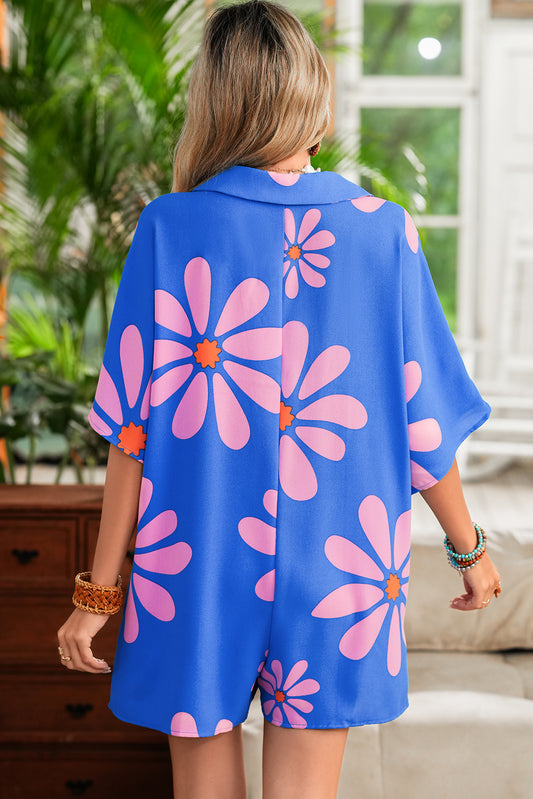 Boho Blue Floral Shirt Collar Romper