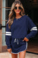 Navy Blue Varsity Stripe Detail Drop Shoulder Pullover Mini Skirt Set