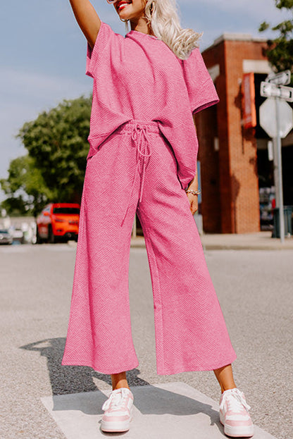 Strawberry Pink Textured Loose Fit T-Shirt and Drawstring Pants Set