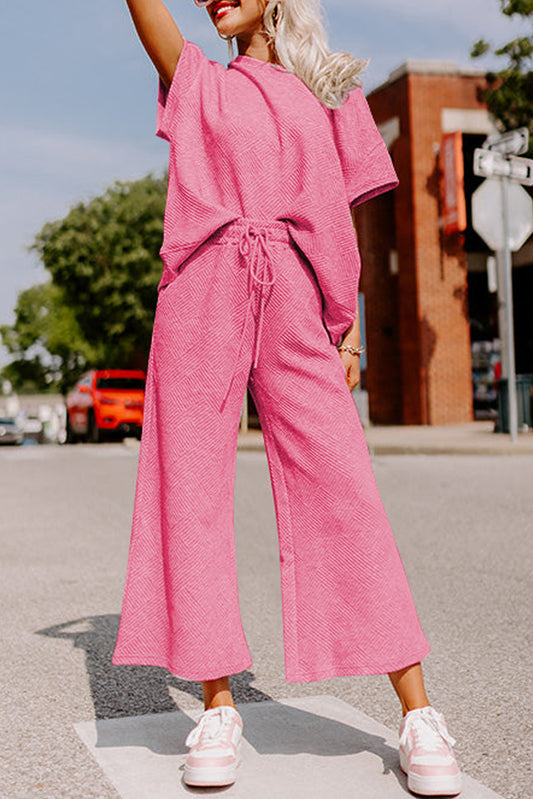 Strawberry Pink Textured Loose Fit T-Shirt and Drawstring Pants Set