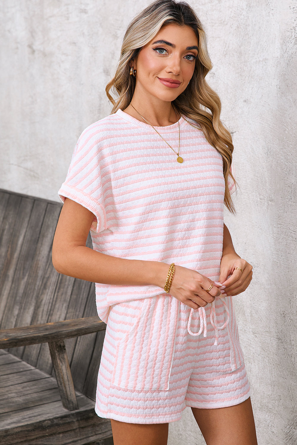 Pretty Pink Stripe Lounge Set – Top & Pocket Shorts