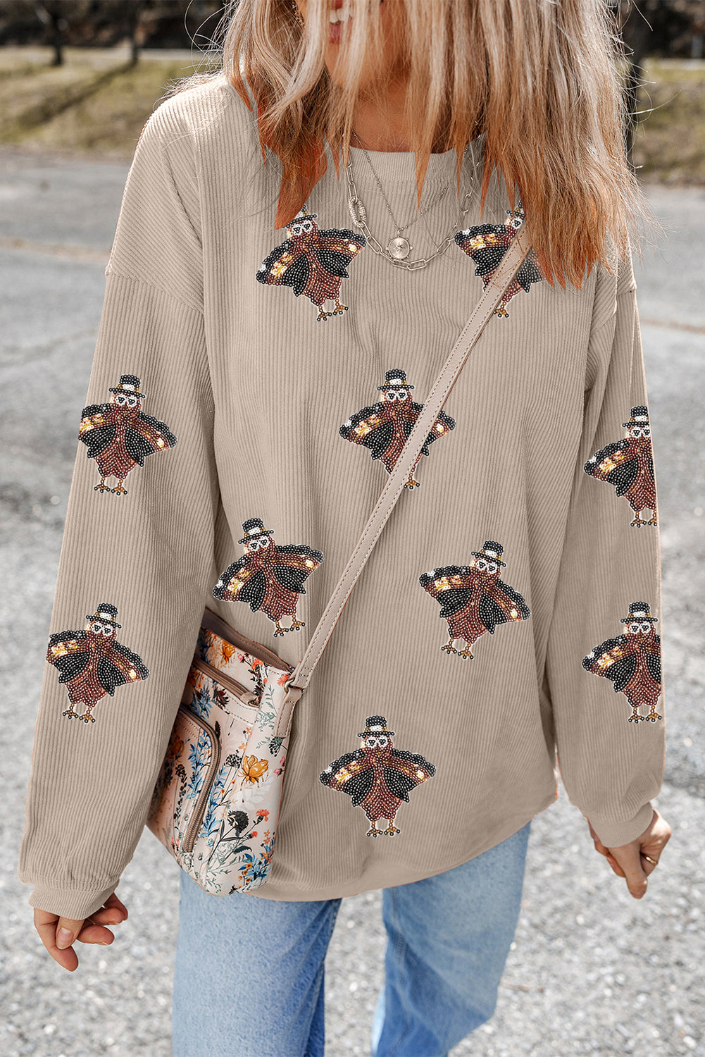 Twisted Ribbed Turkey Graphic Sequins Patch Thanksgiving Baggy Sweatshirt