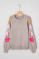 Simply Taupe Embroidered Floral Sleeve Round Neck Loose Sweater
