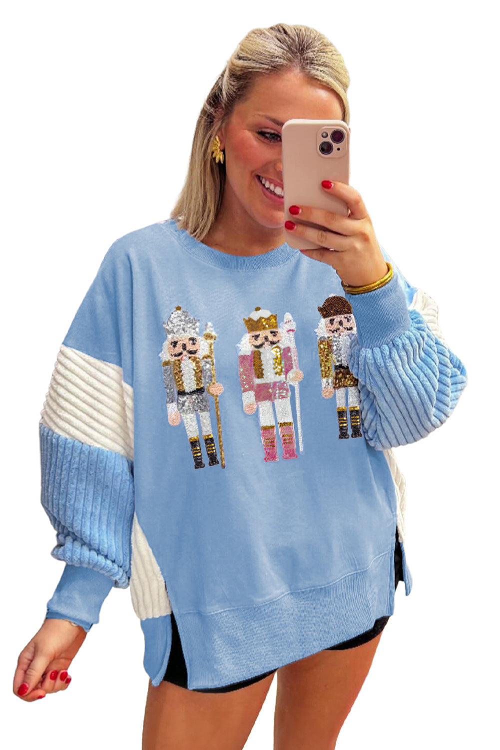 Beau Blue Sequin Nutcracker Textured Sleeve Patchwork Sweatshirt