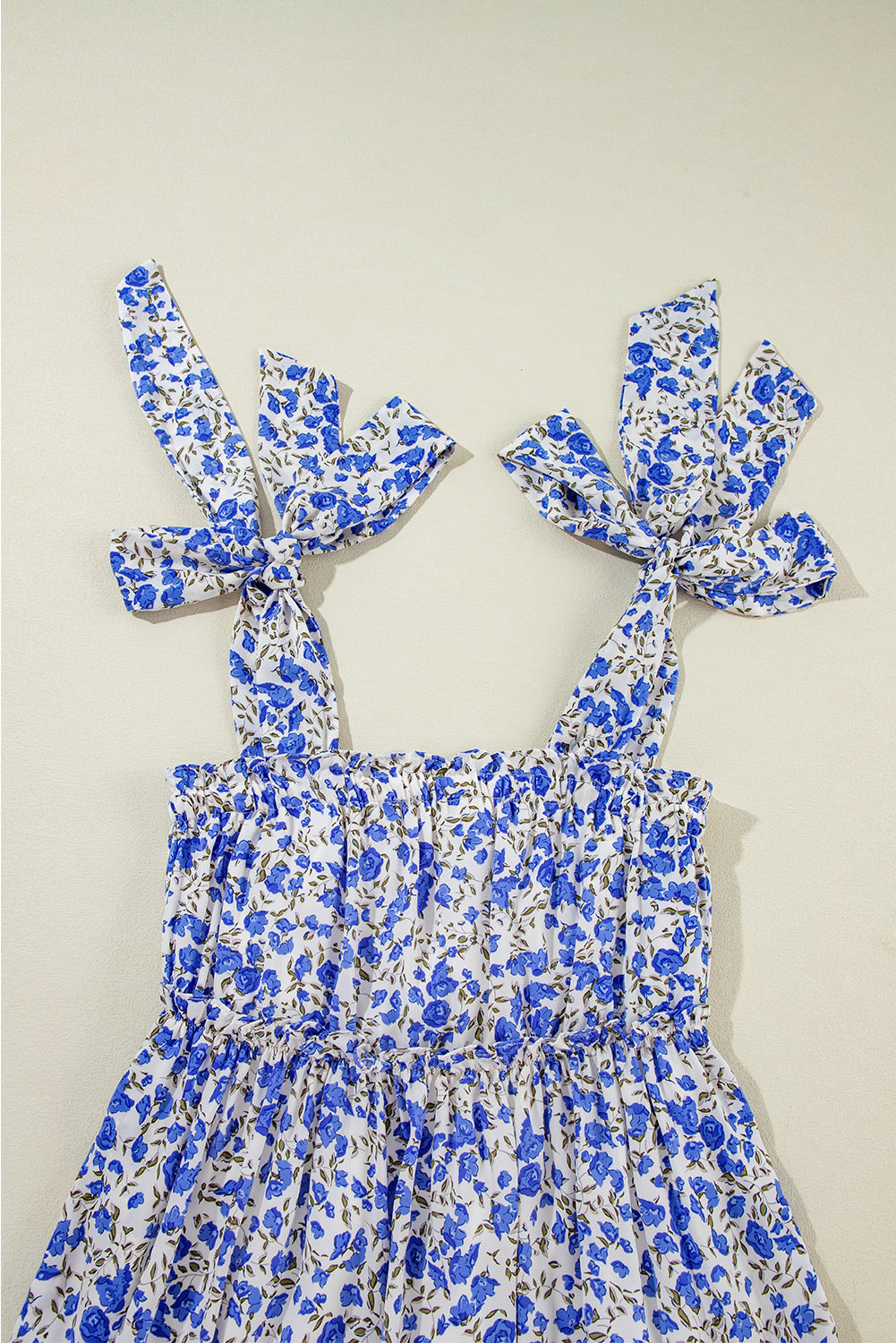 Blue Floral Knotted Straps Tiered Babydoll Dress