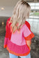 Tomato Red Mix Knitted Patchwork Ruffle Trim Loose T Shirt