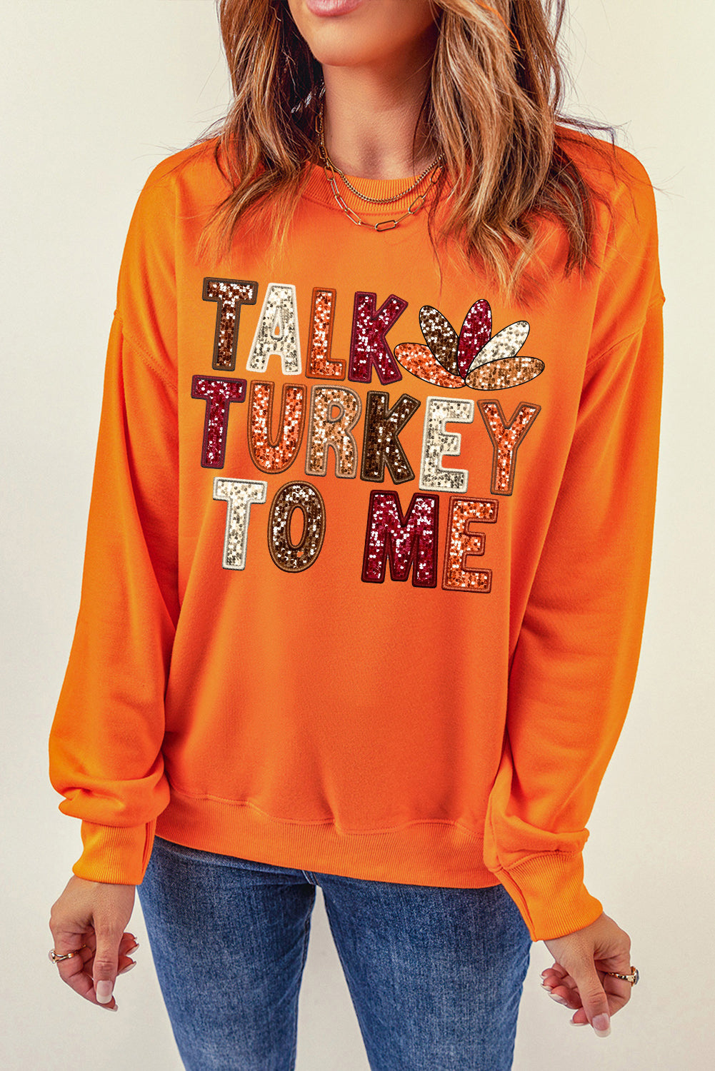 Orange Talk Turkey To Me Printed Graphic Thanksgiving Holiday Sweatshirt