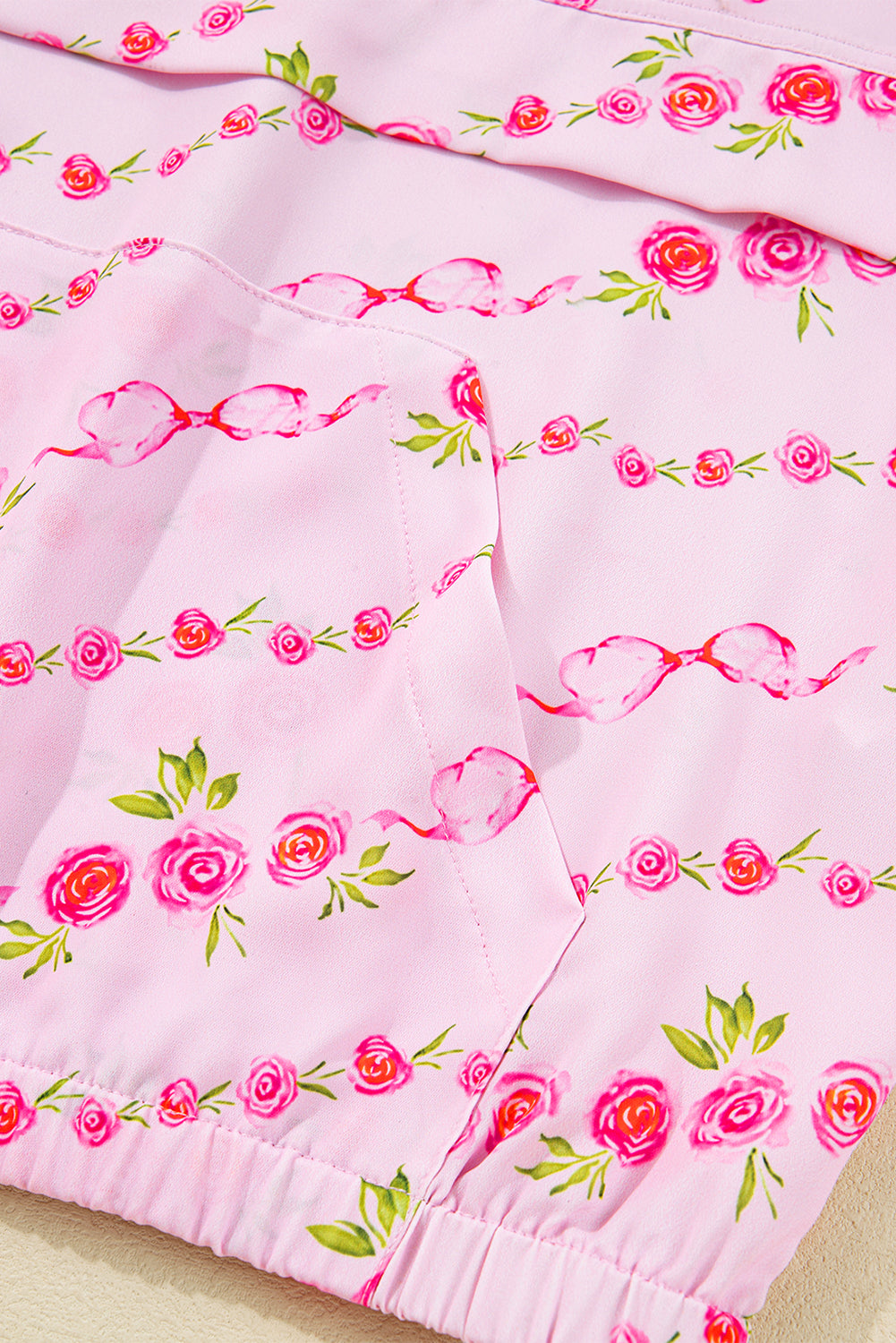 Pink Floral Print Half Zip Drawstring Hoodie