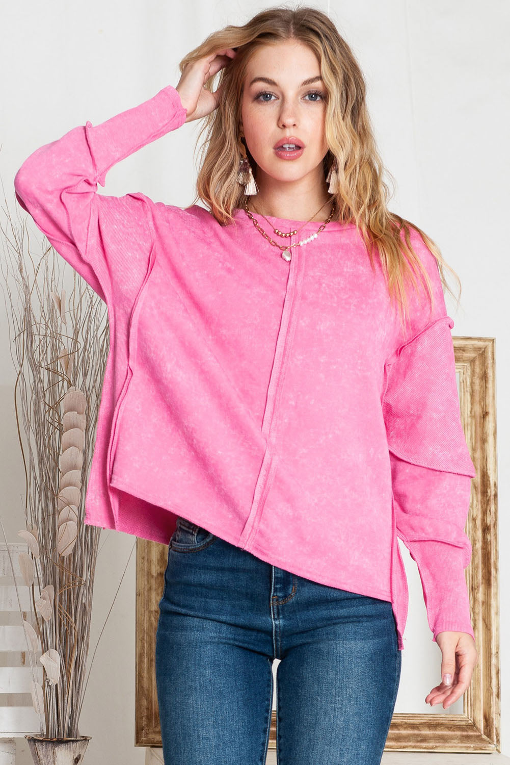 Rose Drop Sleeve Exposed Seam Pullover Sweatshirt