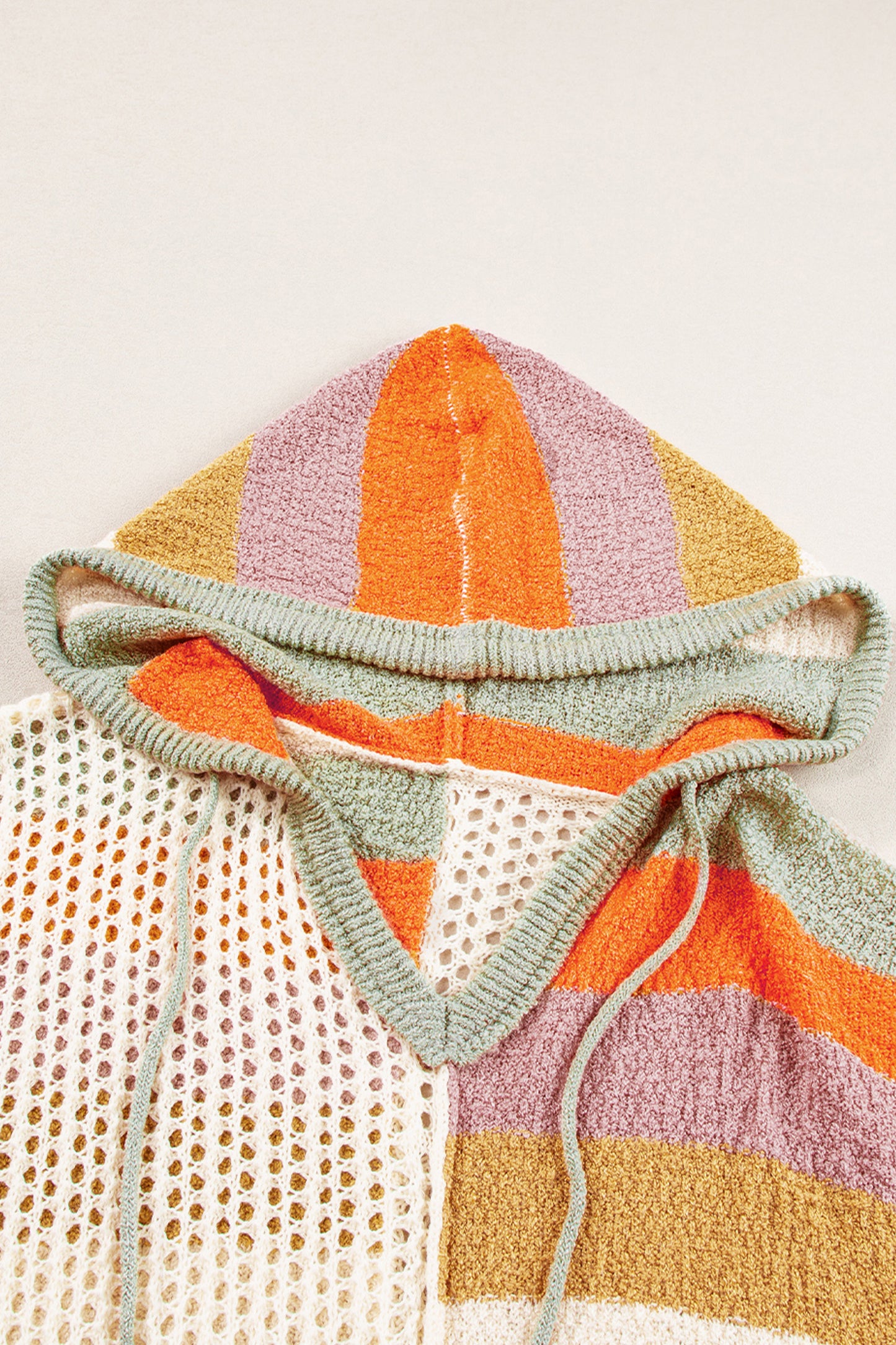 Beige Oversized Colorblock V-Neck Hooded Sweater