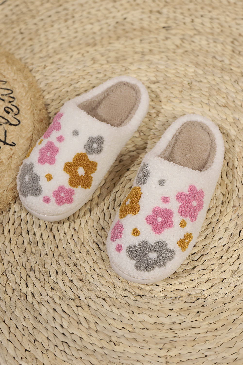 White Floral Fuzzy Slippers