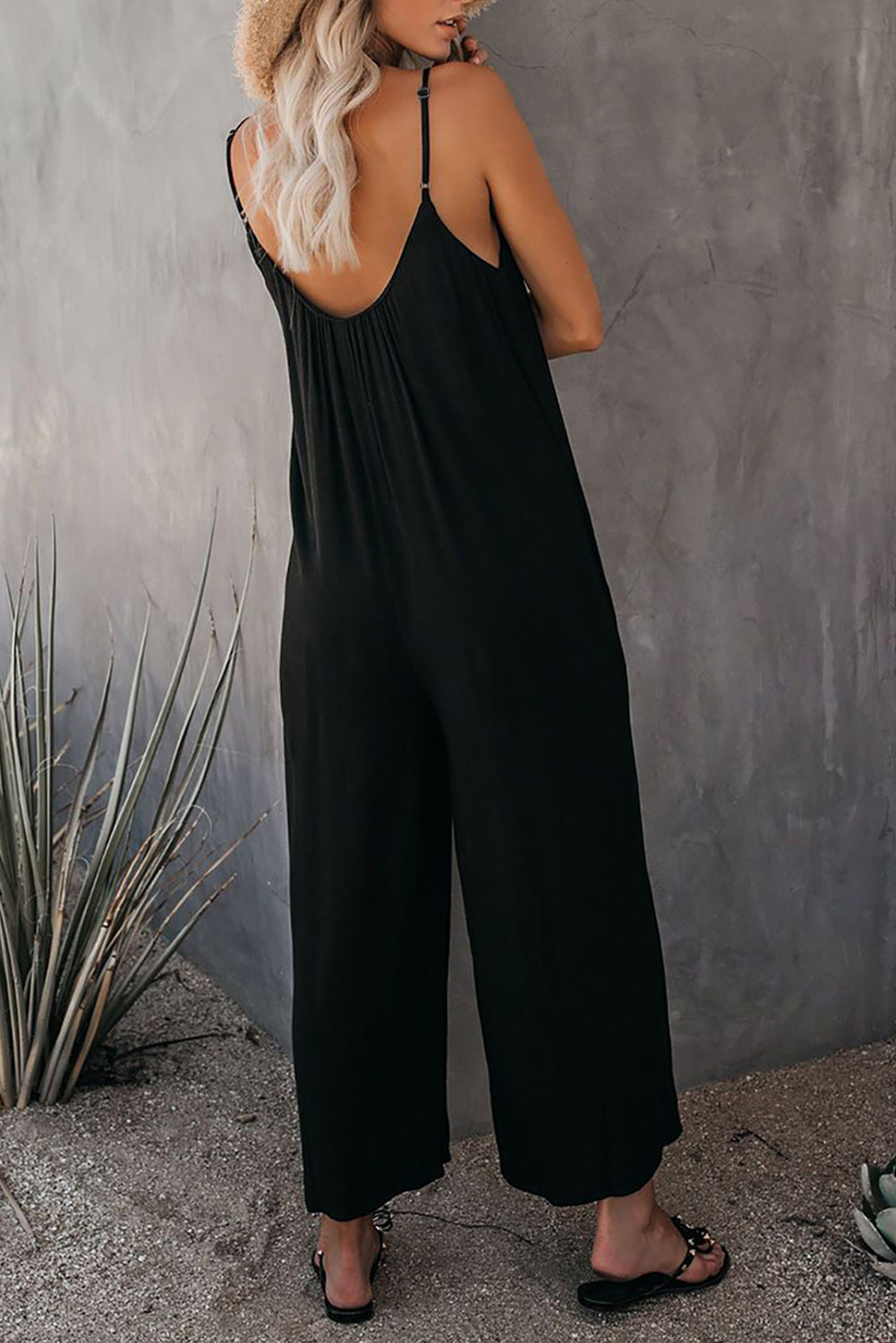 Grey Casual Spaghetti Straps Wide Leg Pocketed Jumpsuits