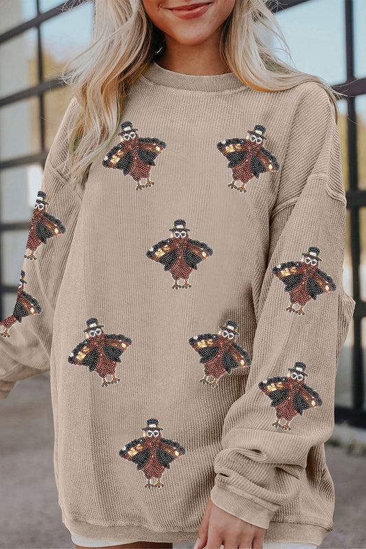 Twisted Ribbed Turkey Graphic Sequins Patch Thanksgiving Baggy Sweatshirt