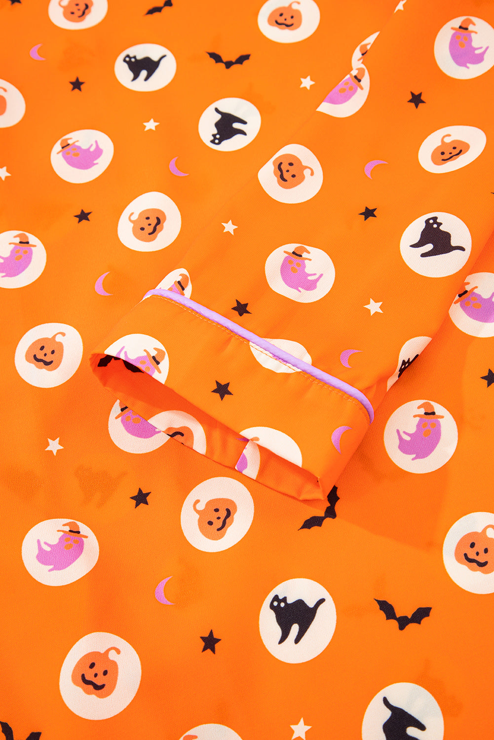 Orange Halloween Print Lapel Shirt and Pants Pajama Set