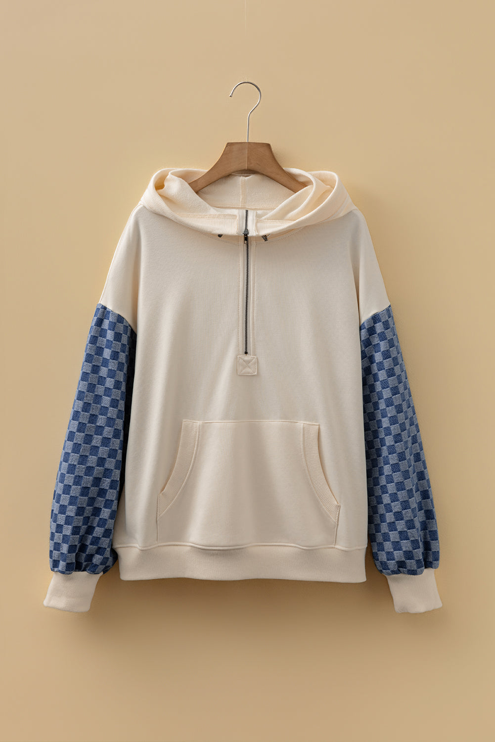 Checkered Patchwork Kangaroo Pocket Half Zipper Hoodie