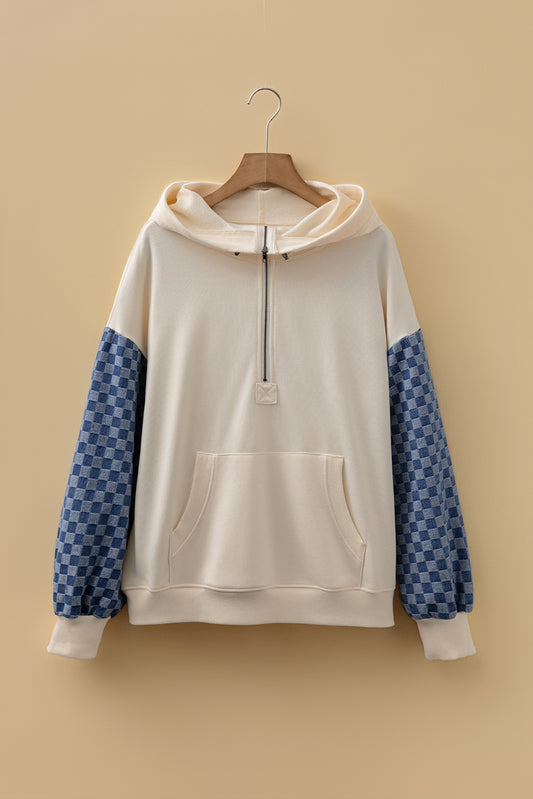 Checkered Patchwork Kangaroo Pocket Half Zipper Hoodie