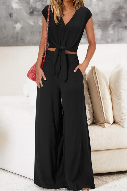 Black Knot Waist Sleeveless Top & Wide Leg Pants Two-Piece Set