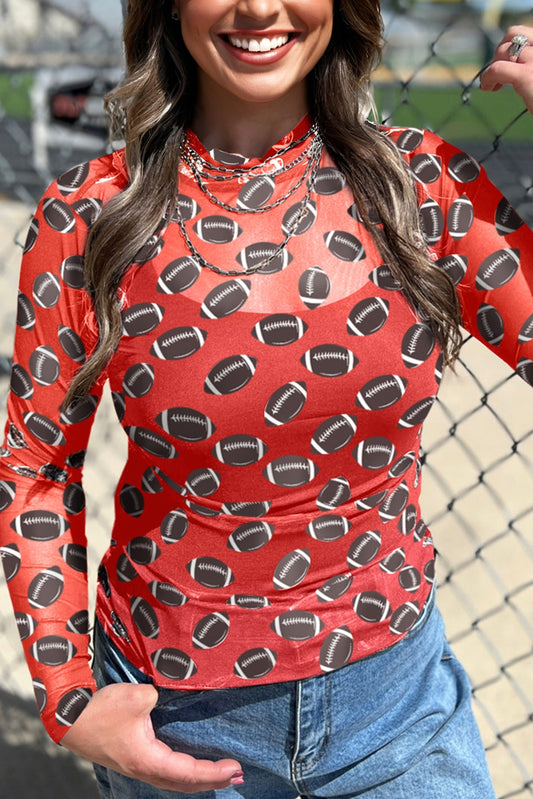 Red Game Day Football Mesh Sheer Long Sleeve Top