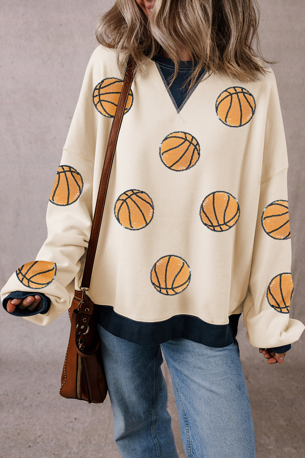 White Classic Basketball Graphic Crew Colorblock Sweatshirt